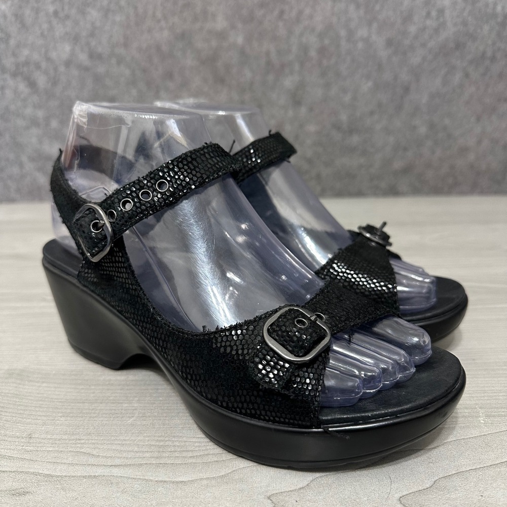 Dansko Joanie Platform Sandals Womens 36 US 6 Black Lizard‎ Leather Wedge